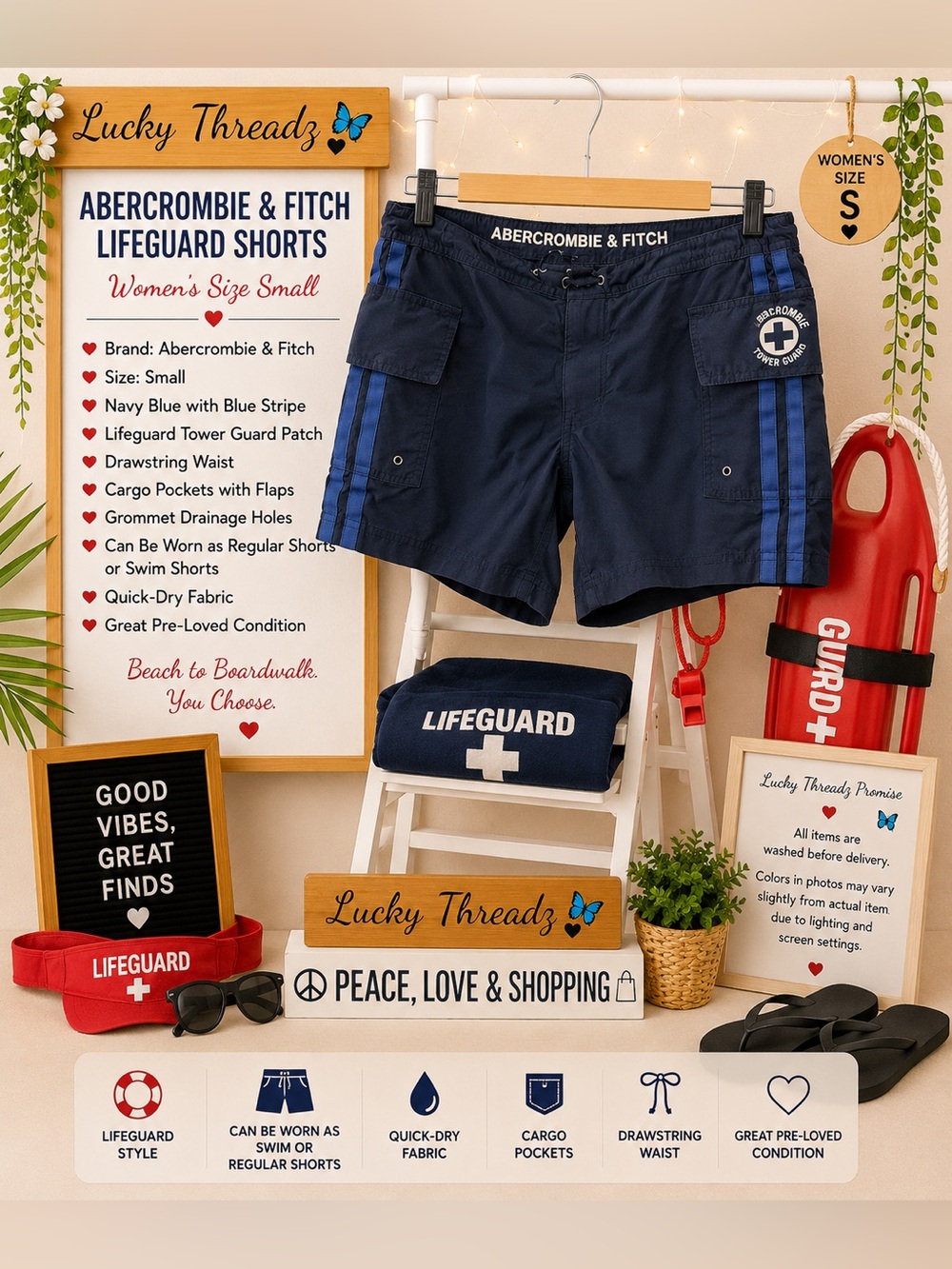 Abercrombie & Fitch Navy Blue Lifeguard Swim Shorts with Royal Blue Stripes